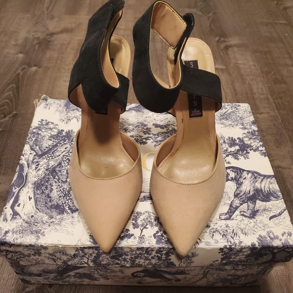 STEVE MADDEN Suede Black and Nude Strap Heels